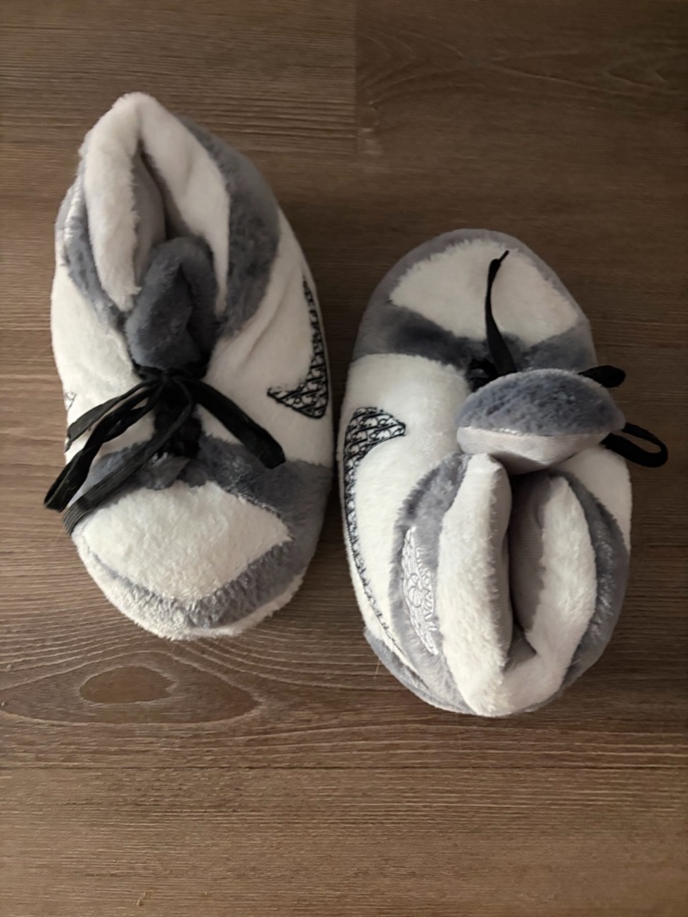 Plush Grey and White Cozy Slipper Boots with Bow Tie